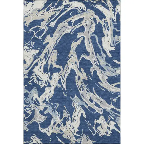 Navy Blue Ivory And Gray Abstract Washable Area Rug With UV Protection Photo 1