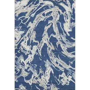 Photo of Navy Blue Ivory And Gray Abstract Washable Area Rug With UV Protection