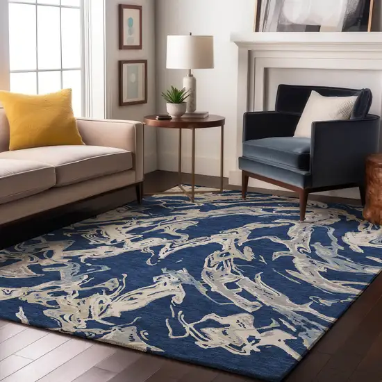 Navy Blue Ivory And Gray Abstract Washable Area Rug With UV Protection Photo 4