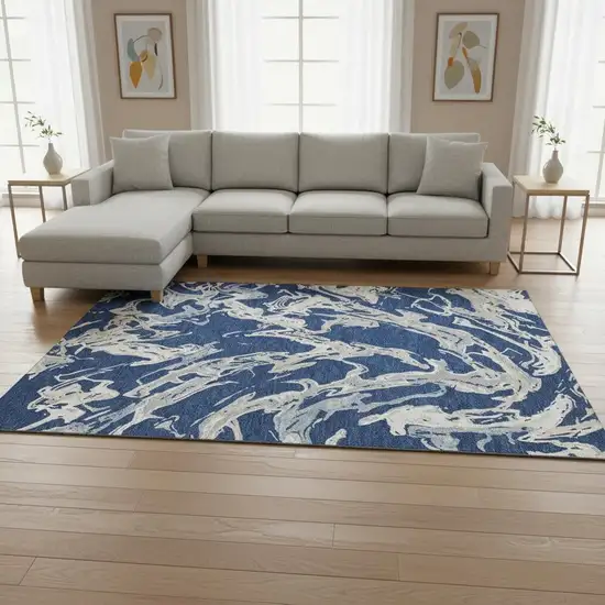 Navy Blue Ivory And Gray Abstract Washable Area Rug With UV Protection Photo 2