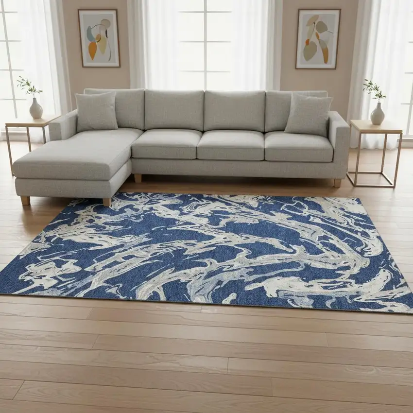 Navy Blue Ivory And Gray Abstract Washable Area Rug With UV Protection Photo 2