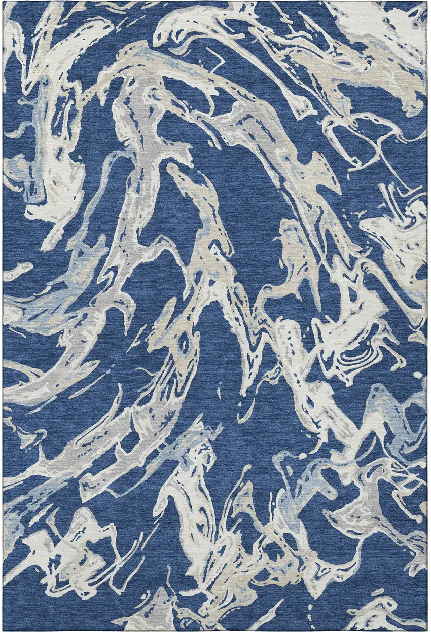 Navy Blue Ivory And Gray Abstract Washable Area Rug With UV Protection Photo 2