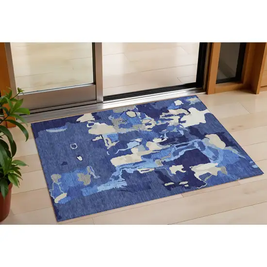 Navy Blue Ivory And Gray Abstract Washable Indoor Outdoor Area Rug Photo 1