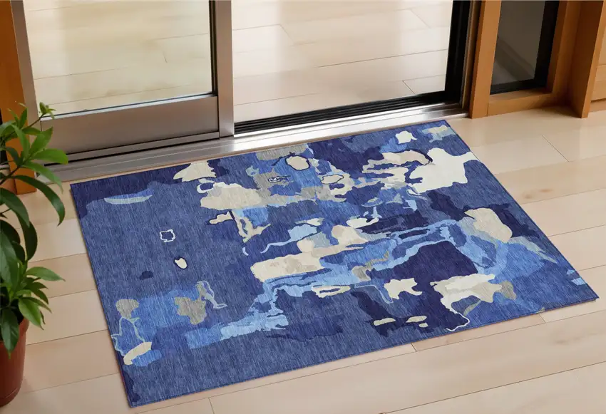 Navy Blue Ivory And Gray Abstract Washable Indoor Outdoor Area Rug Photo 1