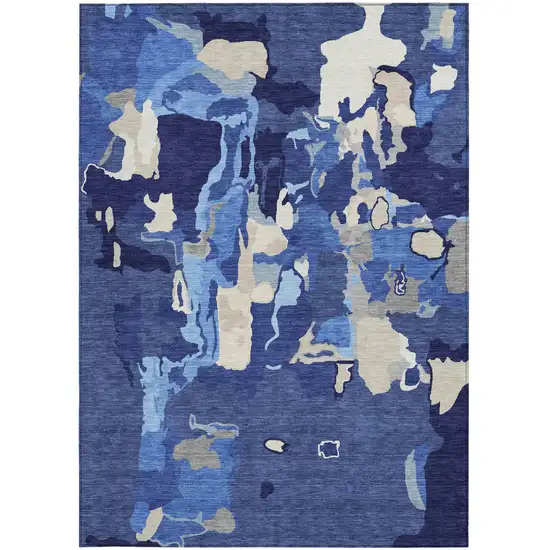 Navy Blue Ivory And Gray Abstract Washable Indoor Outdoor Area Rug Photo 8