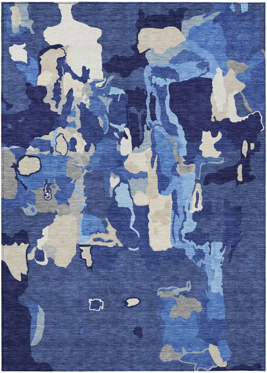 Navy Blue Ivory And Gray Abstract Washable Indoor Outdoor Area Rug Photo 2