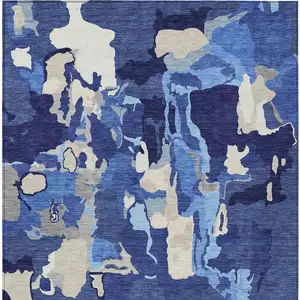 Photo of Navy Blue Ivory And Gray Abstract Washable Indoor Outdoor Area Rug