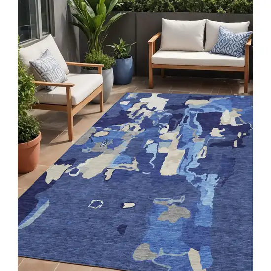 Navy Blue Ivory And Gray Abstract Washable Indoor Outdoor Area Rug Photo 1