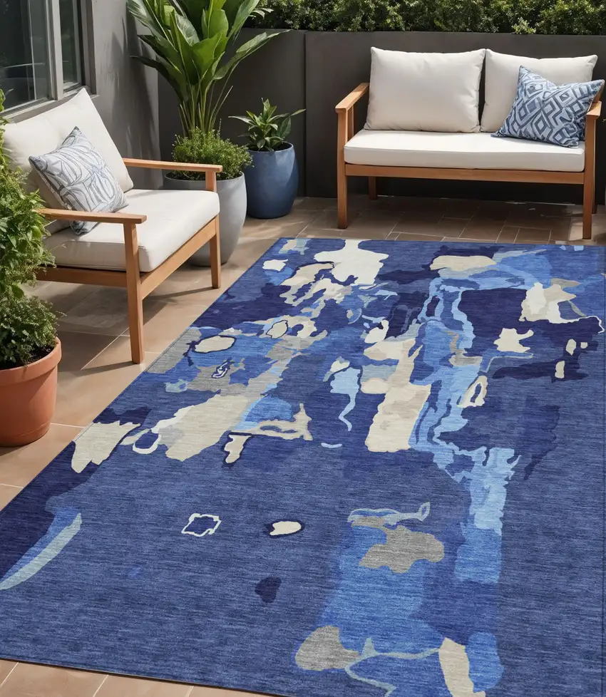 Navy Blue Ivory And Gray Abstract Washable Indoor Outdoor Area Rug Photo 1