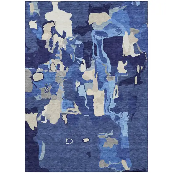 Navy Blue Ivory And Gray Abstract Washable Indoor Outdoor Area Rug Photo 2