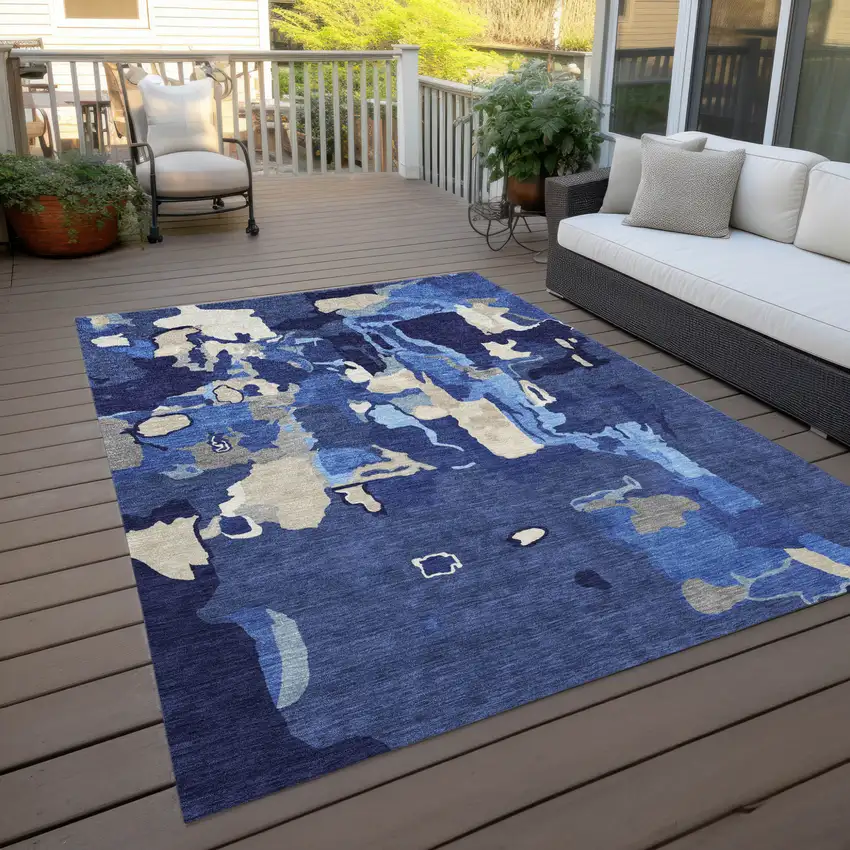 Navy Blue Ivory And Gray Abstract Washable Indoor Outdoor Area Rug Photo 9