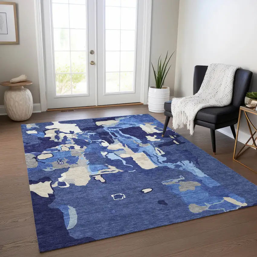 Navy Blue Ivory And Gray Abstract Washable Indoor Outdoor Area Rug Photo 9