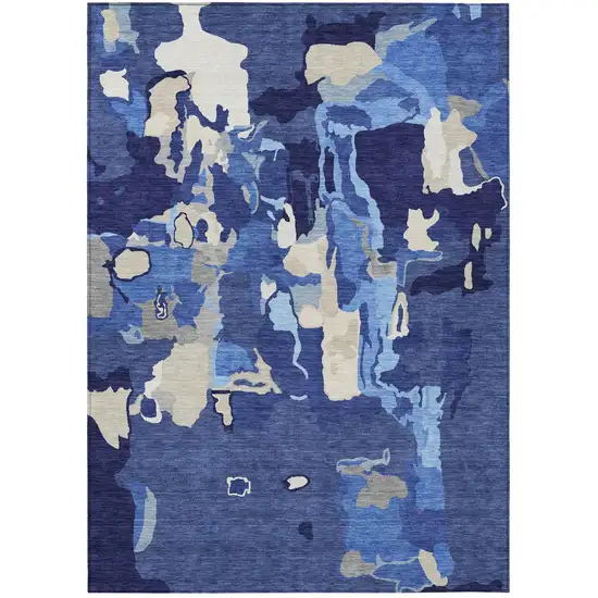 Navy Blue Ivory And Gray Abstract Washable Indoor Outdoor Area Rug Photo 2