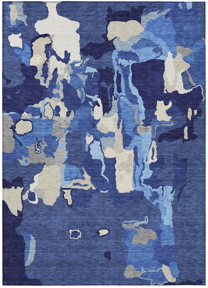 Navy Blue Ivory And Gray Abstract Washable Indoor Outdoor Area Rug Photo 2
