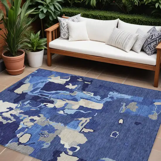Navy Blue Ivory And Gray Abstract Washable Indoor Outdoor Area Rug Photo 1