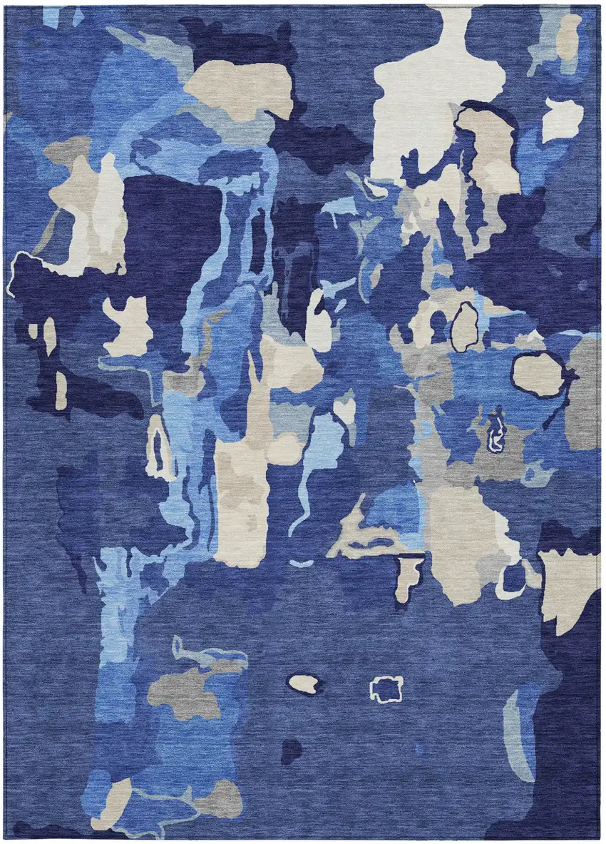Navy Blue Ivory And Gray Abstract Washable Indoor Outdoor Area Rug Photo 8