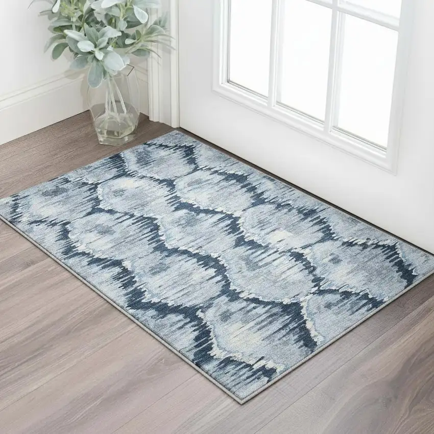 Navy Blue Ivory And Gray Diamond Washable Area Rug With UV Protection Photo 2
