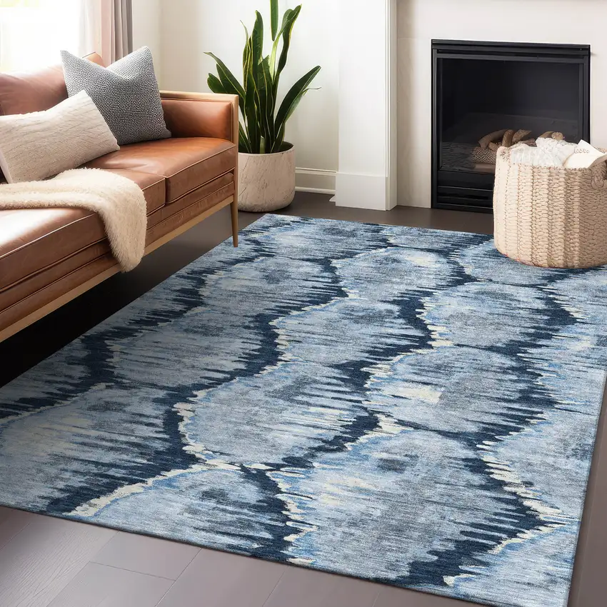 Navy Blue Ivory And Gray Diamond Washable Area Rug With UV Protection Photo 6