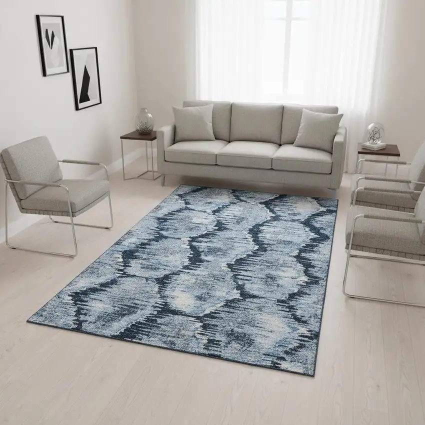 Navy Blue Ivory And Gray Diamond Washable Area Rug With UV Protection Photo 2