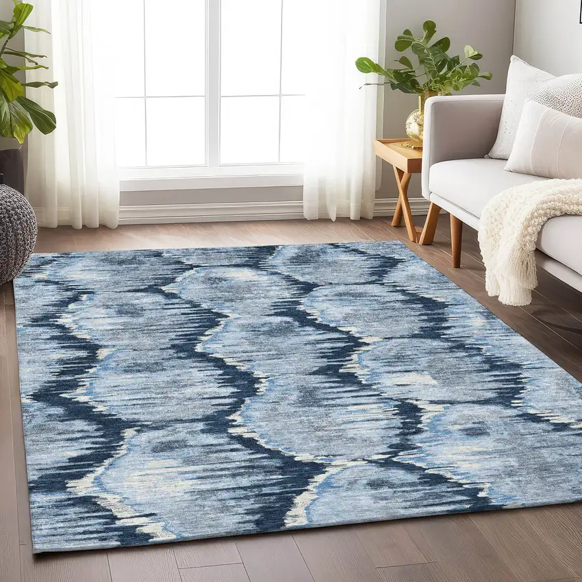 Navy Blue Ivory And Gray Diamond Washable Area Rug With UV Protection Photo 5
