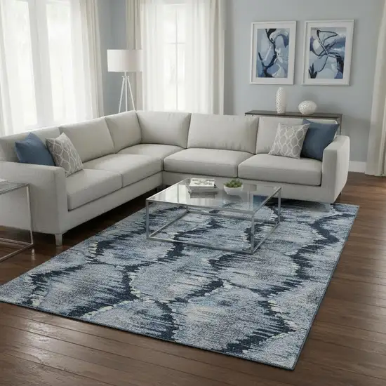 Navy Blue Ivory And Gray Diamond Washable Area Rug With UV Protection Photo 2