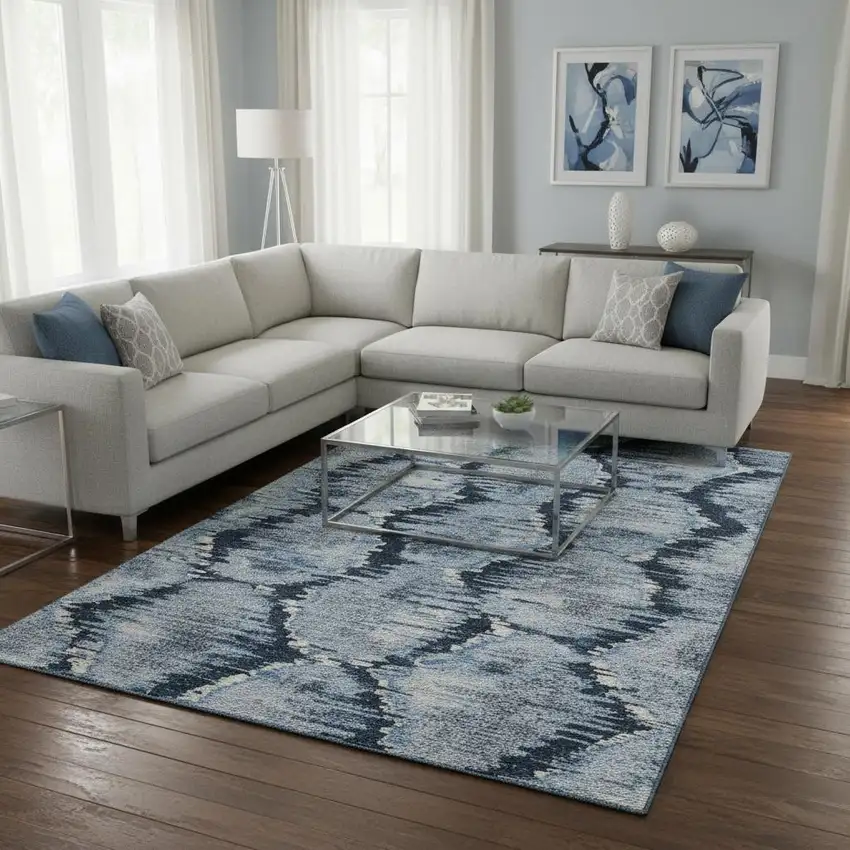 Navy Blue Ivory And Gray Diamond Washable Area Rug With UV Protection Photo 2