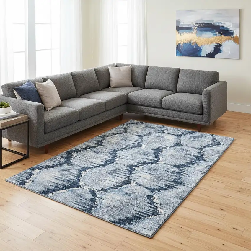 Navy Blue Ivory And Gray Diamond Washable Area Rug With UV Protection Photo 2