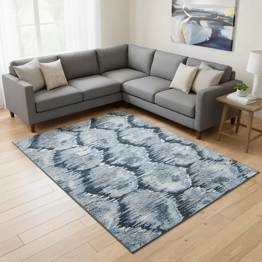 Navy Blue Ivory And Gray Diamond Washable Area Rug With UV Protection Photo 2