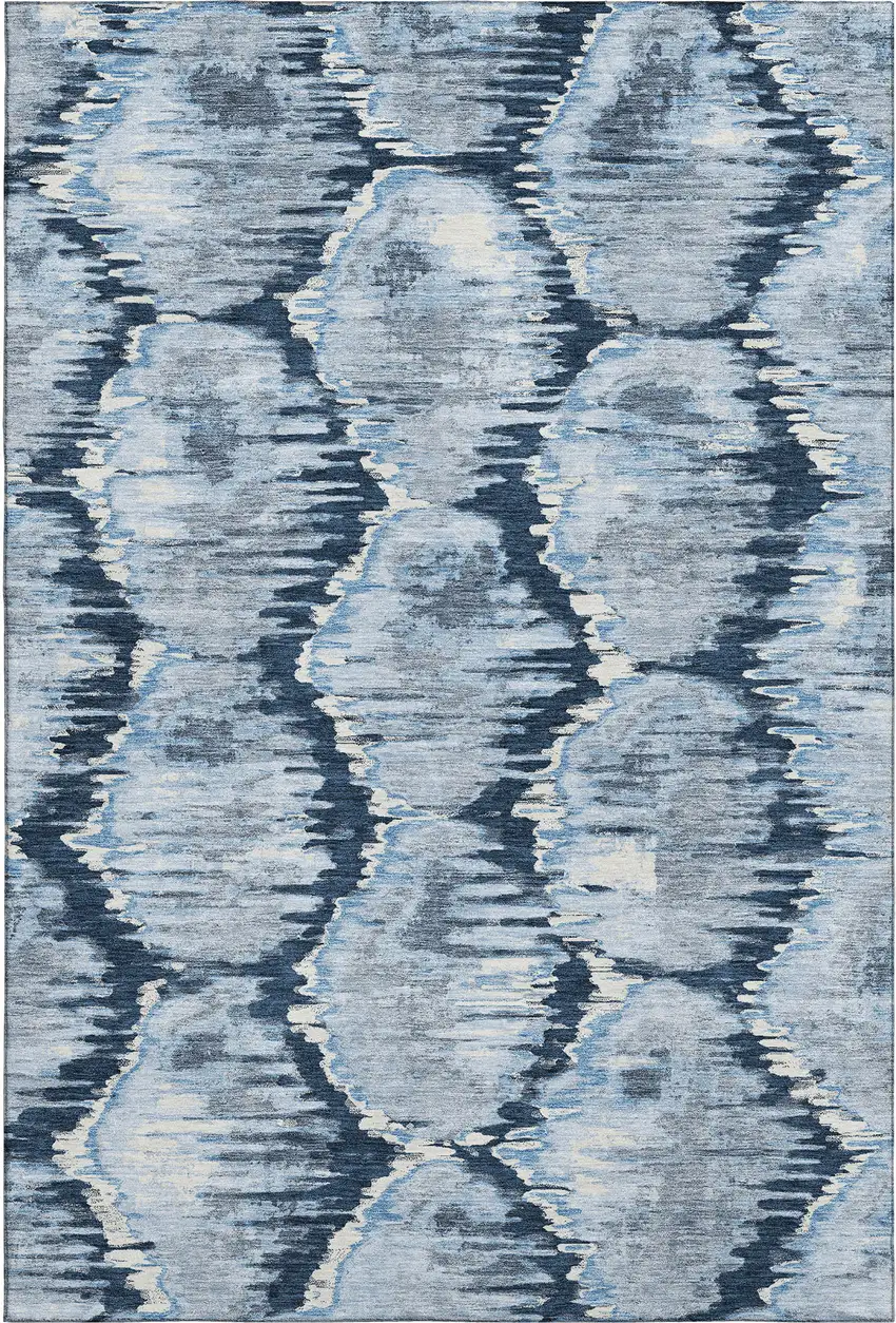 Navy Blue Ivory And Gray Diamond Washable Area Rug With UV Protection Photo 1