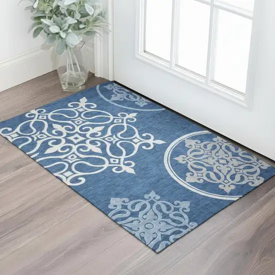 Navy Blue Ivory And Gray Floral Medallion Washable Area Rug With UV Protection Photo 1
