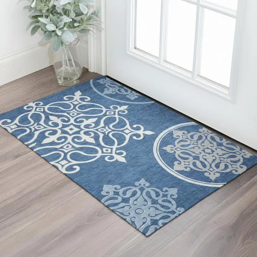 Navy Blue Ivory And Gray Floral Medallion Washable Area Rug With UV Protection Photo 1