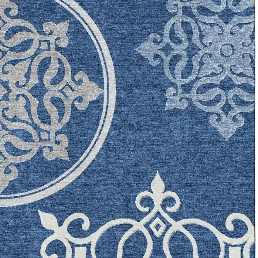 Navy Blue Ivory And Gray Floral Medallion Washable Area Rug With UV Protection Photo 4