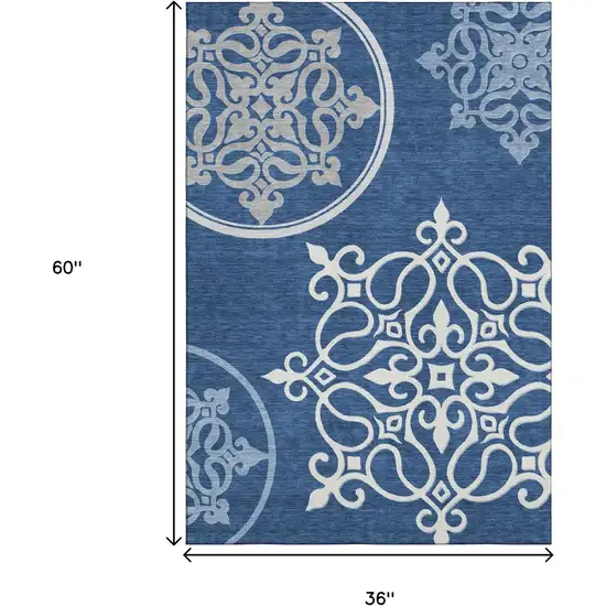 Navy Blue Ivory And Gray Floral Medallion Washable Area Rug With UV Protection Photo 3