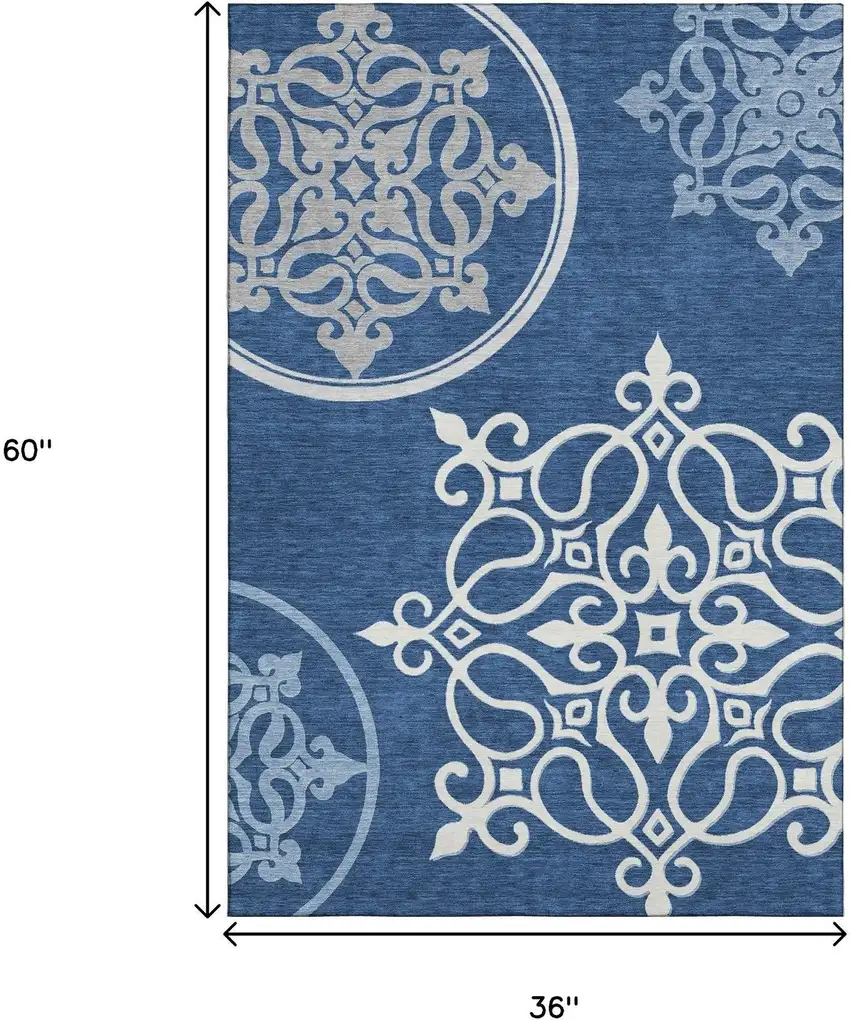 Navy Blue Ivory And Gray Floral Medallion Washable Area Rug With UV Protection Photo 3