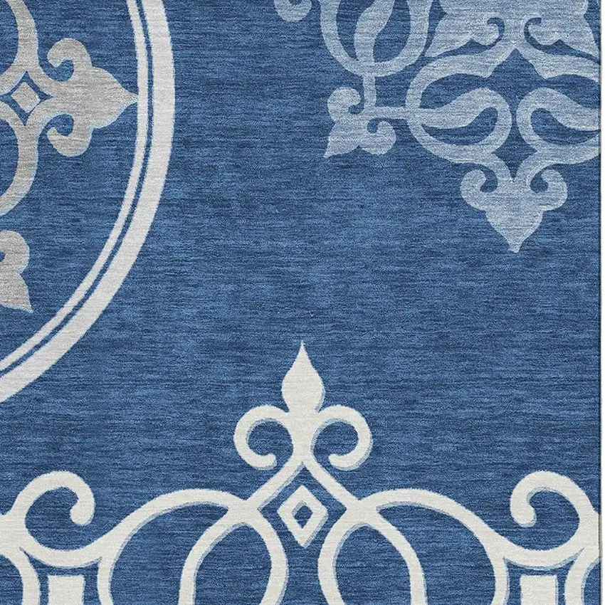 Navy Blue Ivory And Gray Floral Medallion Washable Area Rug With UV Protection Photo 3