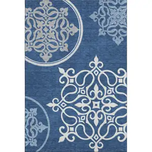 Photo of Navy Blue Ivory And Gray Floral Medallion Washable Area Rug With UV Protection