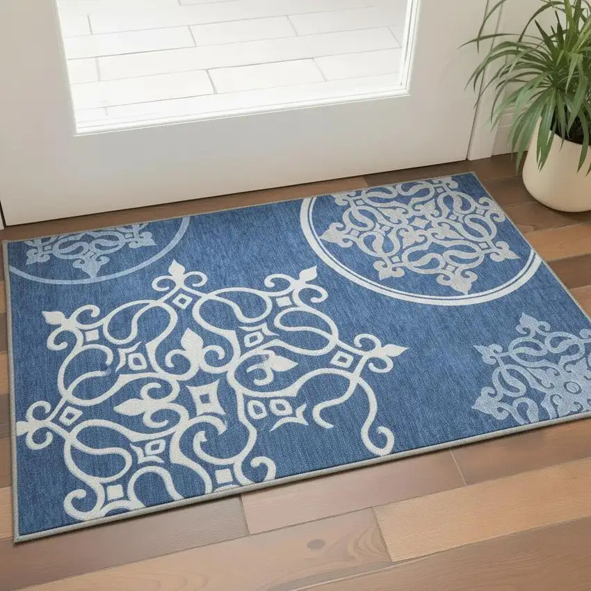 Navy Blue Ivory And Gray Floral Medallion Washable Area Rug With UV Protection Photo 2