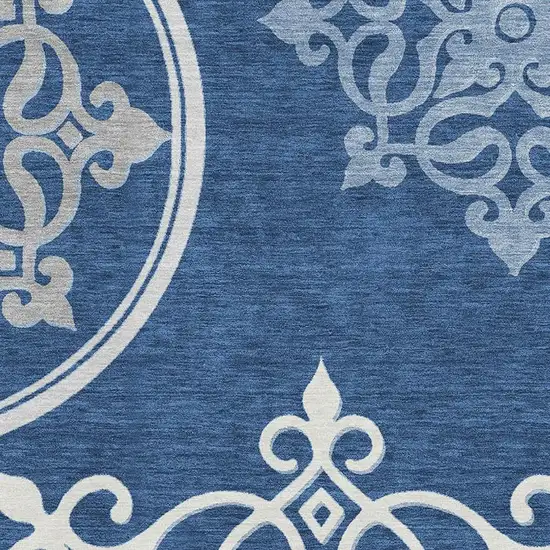 Navy Blue Ivory And Gray Floral Medallion Washable Area Rug With UV Protection Photo 3