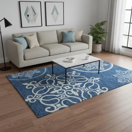 Navy Blue Ivory And Gray Floral Medallion Washable Area Rug With UV Protection Photo 2