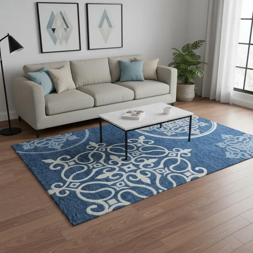 Navy Blue Ivory And Gray Floral Medallion Washable Area Rug With UV Protection Photo 2