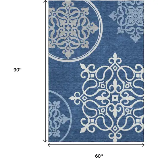 Navy Blue Ivory And Gray Floral Medallion Washable Area Rug With UV Protection Photo 9