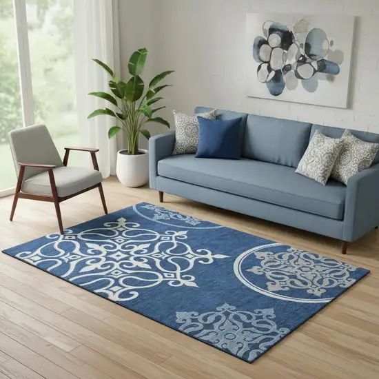 Navy Blue Ivory And Gray Floral Medallion Washable Area Rug With UV Protection Photo 1