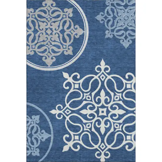 Navy Blue Ivory And Gray Floral Medallion Washable Area Rug With UV Protection Photo 1