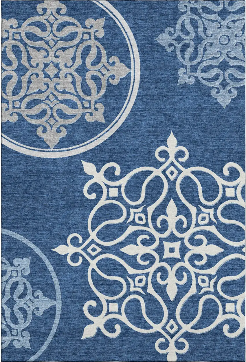 Navy Blue Ivory And Gray Floral Medallion Washable Area Rug With UV Protection Photo 1