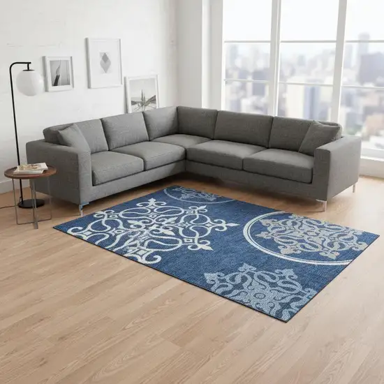 Navy Blue Ivory And Gray Floral Medallion Washable Area Rug With UV Protection Photo 2