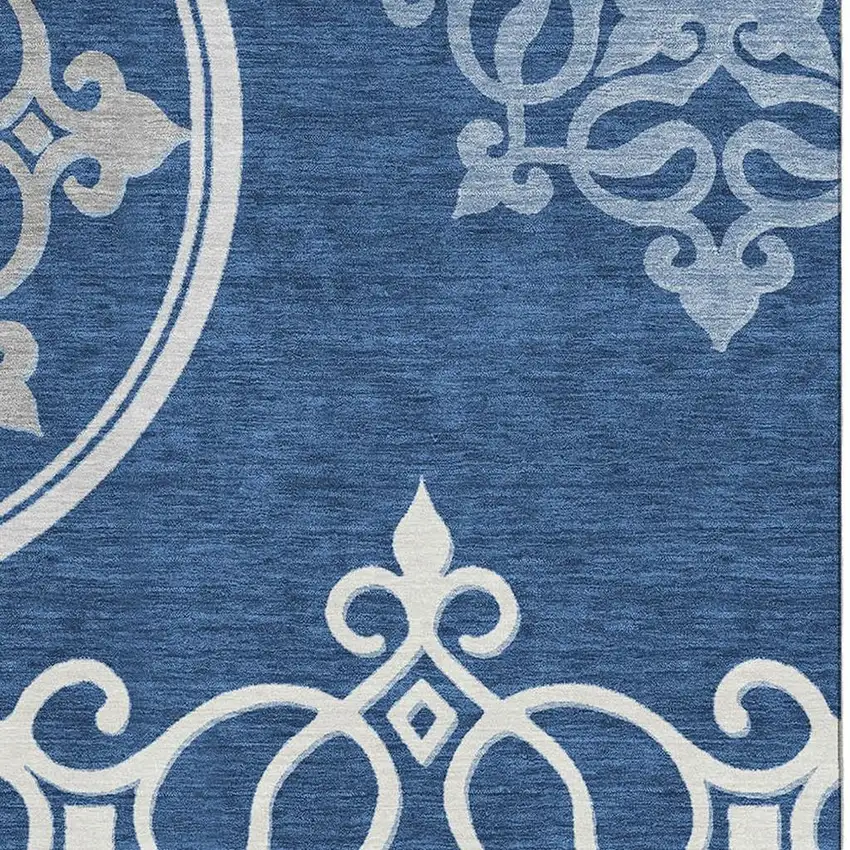 Navy Blue Ivory And Gray Floral Medallion Washable Area Rug With UV Protection Photo 3