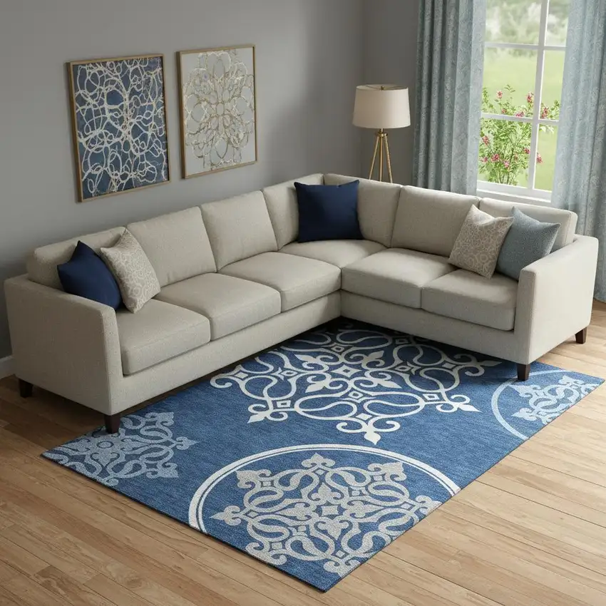 Navy Blue Ivory And Gray Floral Medallion Washable Area Rug With UV Protection Photo 1