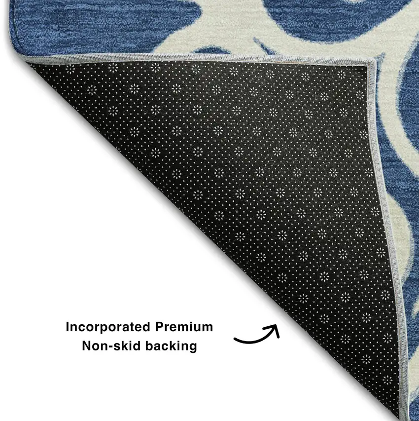 Navy Blue Ivory And Gray Floral Medallion Washable Area Rug With UV Protection Photo 7