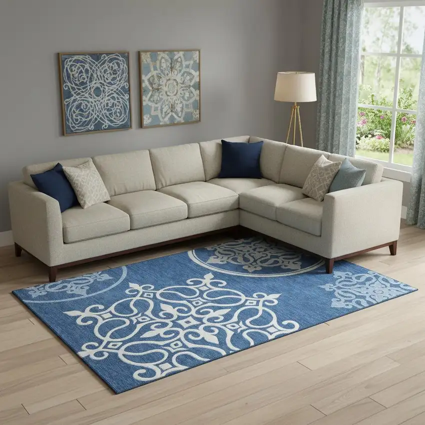 Navy Blue Ivory And Gray Floral Medallion Washable Area Rug With UV Protection Photo 1