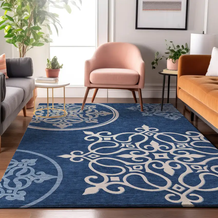 Navy Blue Ivory And Gray Floral Medallion Washable Area Rug With UV Protection Photo 5